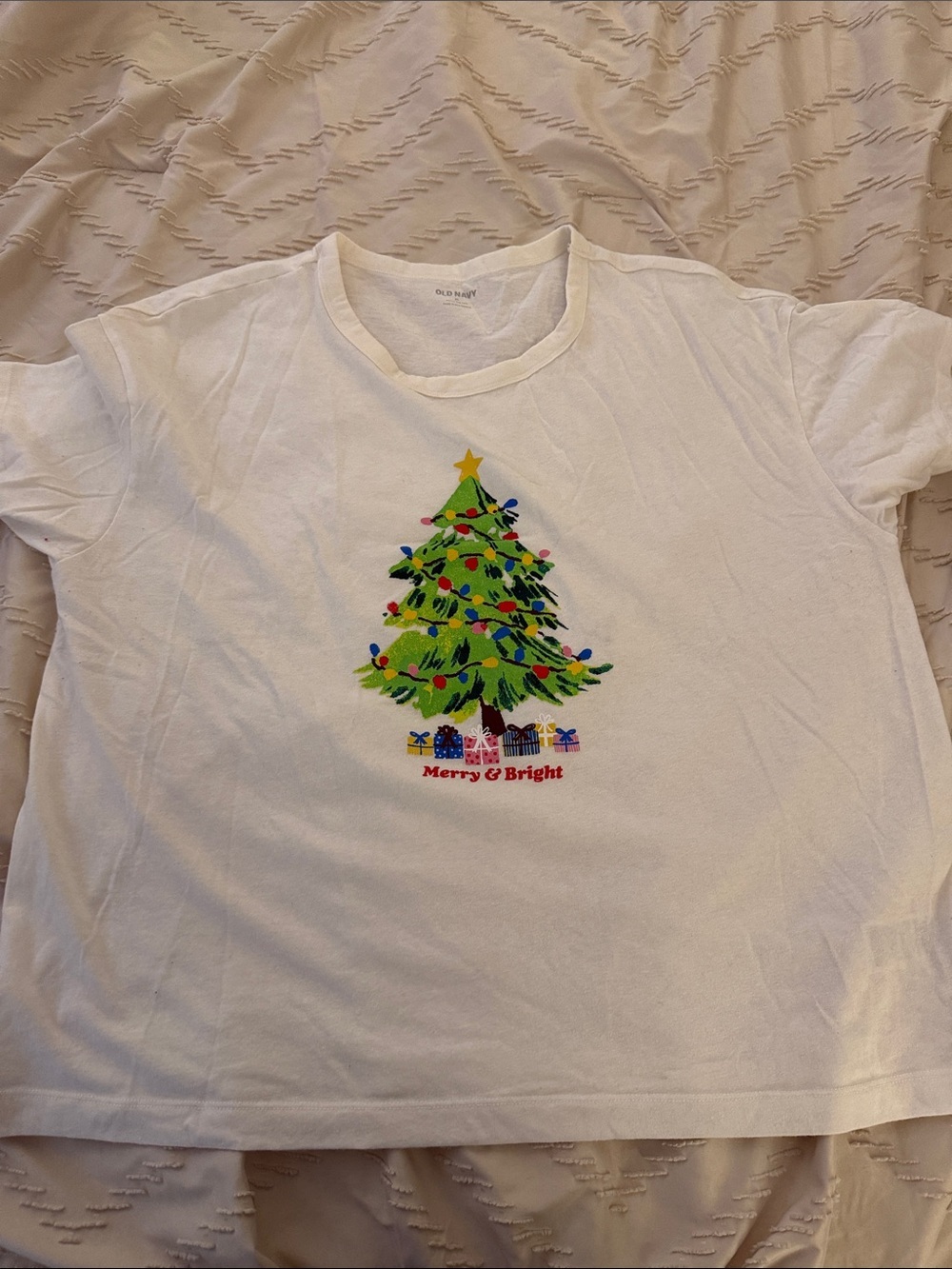 Old Navy White Tee with Green Christmas Tree and Multicolor Lights